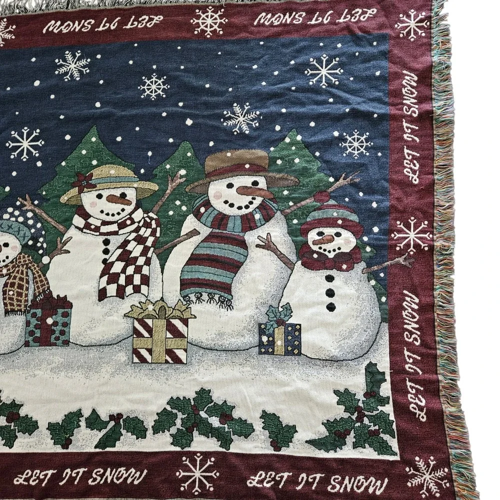 Let It‎ Snow Snowman Family Woven Tapestry Throw Blanket Fringed Holiday Decor